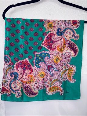 Honey. vintage 100% silk scarf Honey Vibrant Teal Paisley Scarf Square 30x30